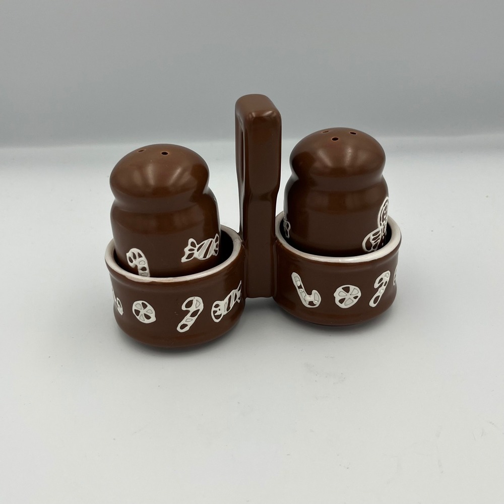 Brown Gingerbread‎ Man Candy Cane Salt Pepper Shakers with Caddy Set